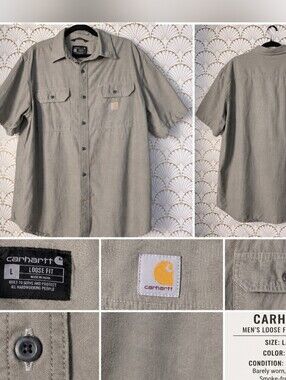 Carhartt Loose Fit Work Shirt Men's Large Gray Short Sleeve Button Front Cotton